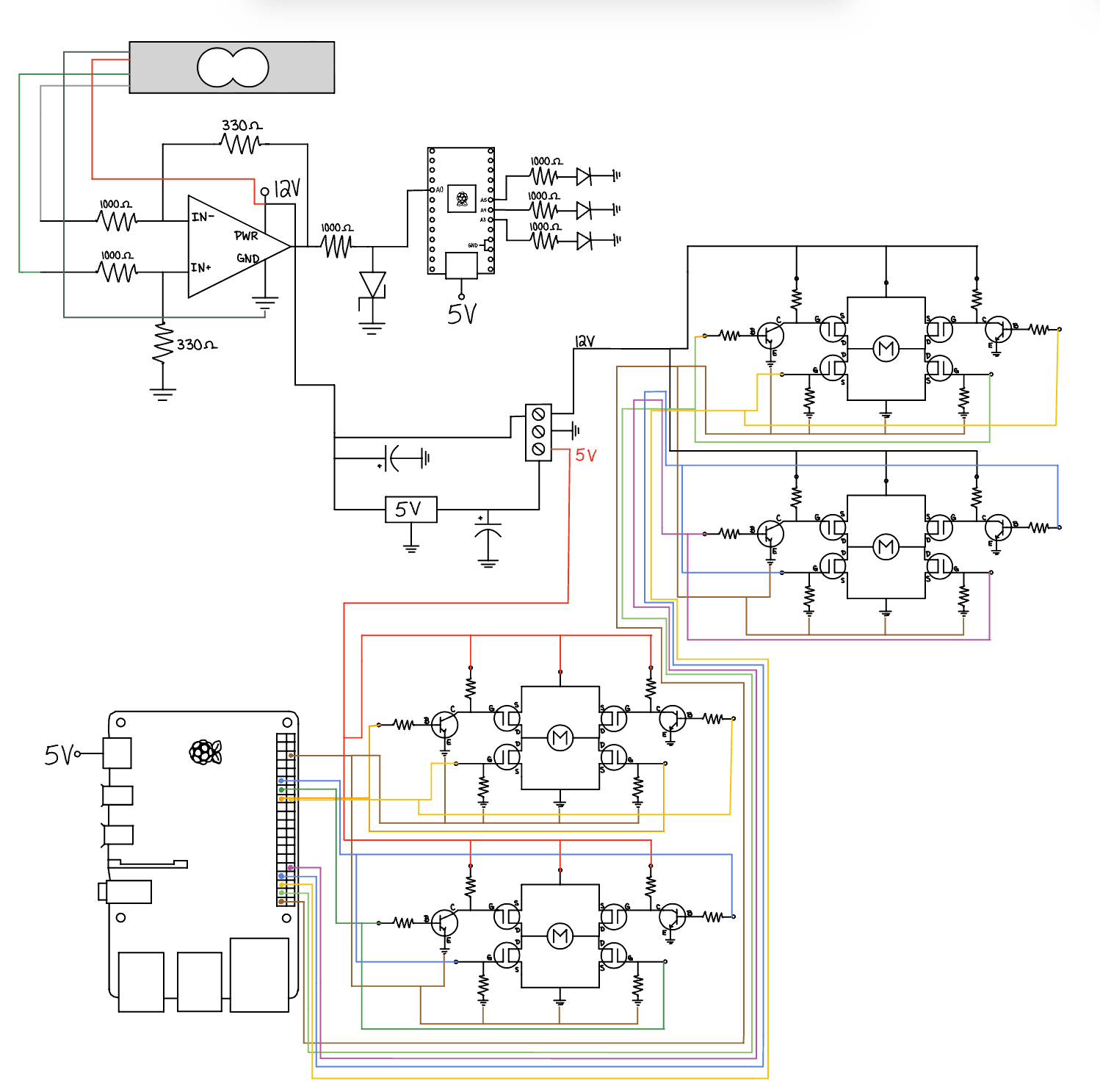 Wiring diagram (Pi + motor drivers + sensor chain)